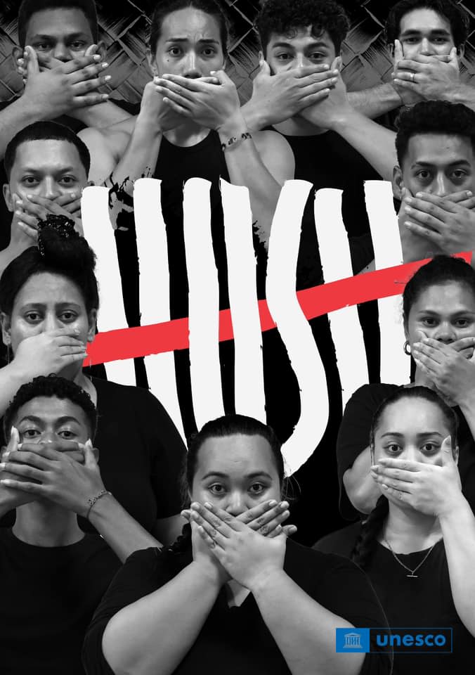 A poster for Hush showing men and women in black and white holding up their hands against their mouths as a sign of being silenced.