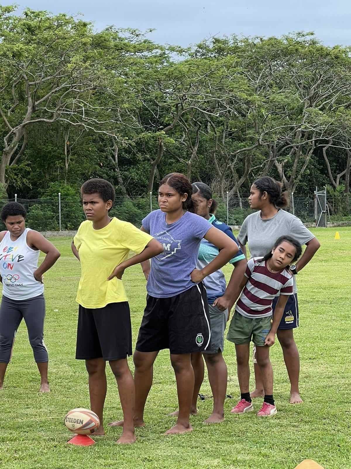 Members of FWRM's GIRLS program taking part in NRL in Fiji's sports clinic.