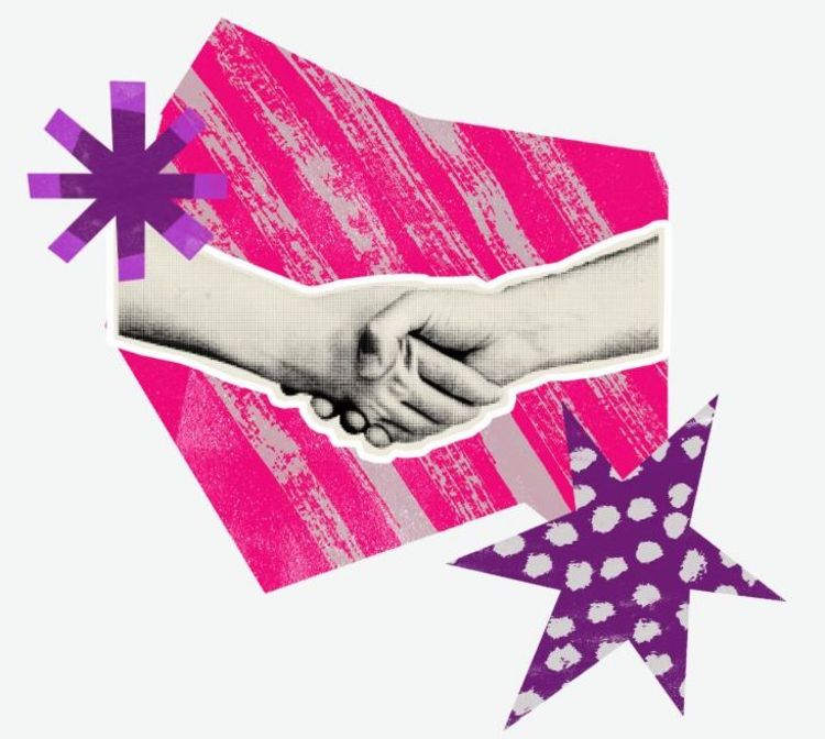 A collage image with a pink textured background and two hangs shaking in solidarity.