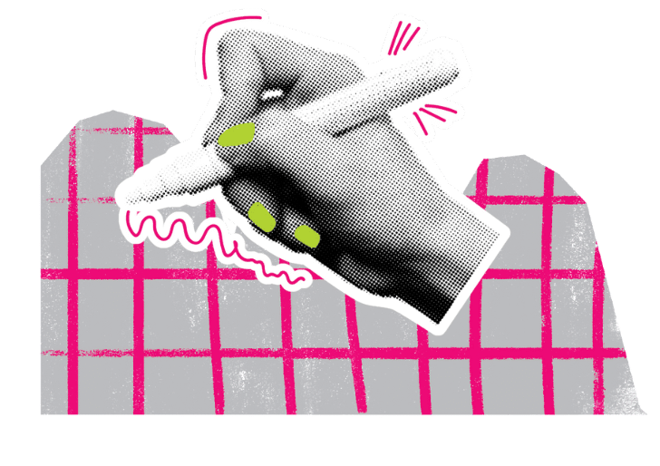 A collage image of a hand holding a pen drawing pink doodles. The background is textured pink and grey.