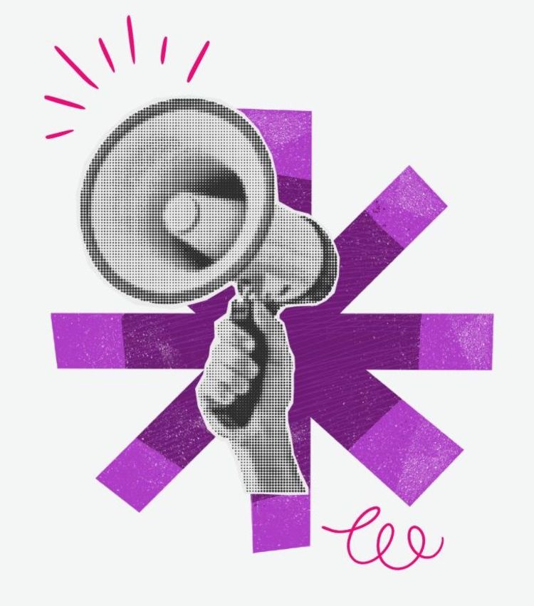 A collage image of a purple star with a megaphone and hand-drawn pink doodles.