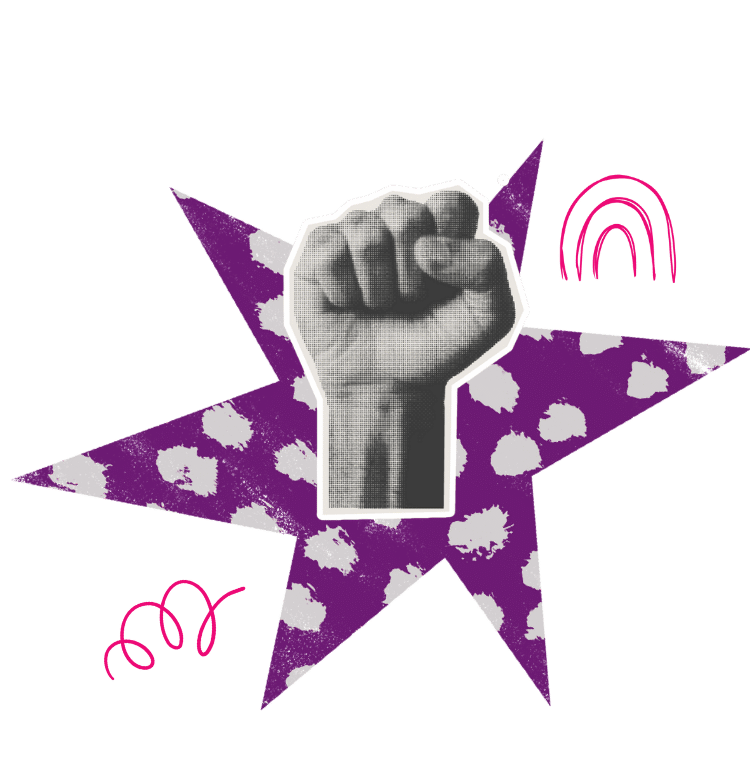 A collage image of a purple star with a fist layered on top.