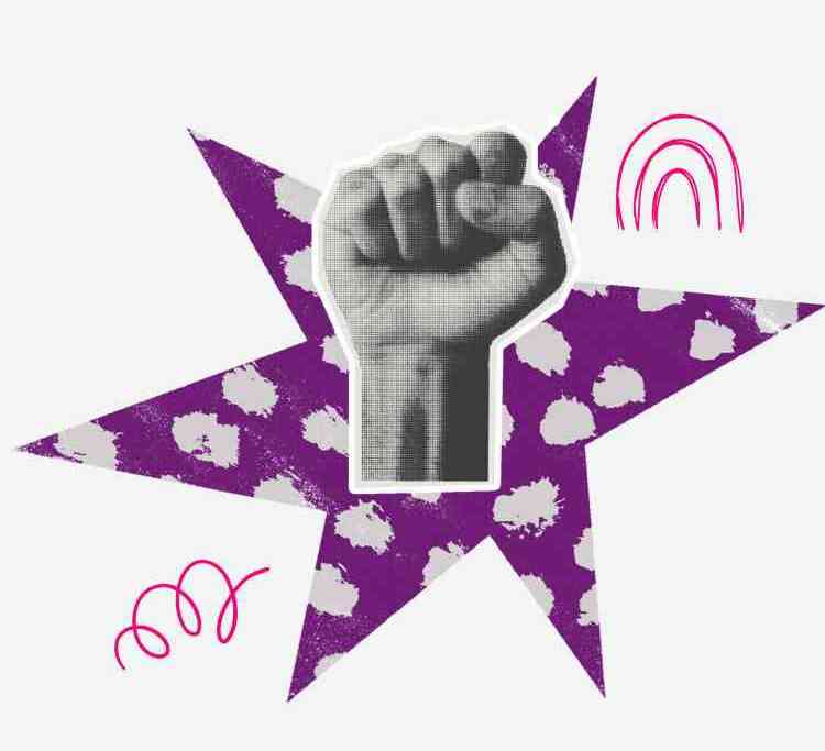 A collage image of a purple star with a fist layered on top.