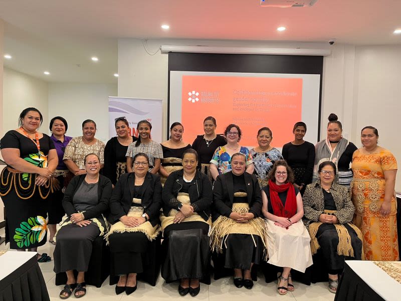 A group photo of the Equality Insights team meeting with women leaders in the Tonga community.