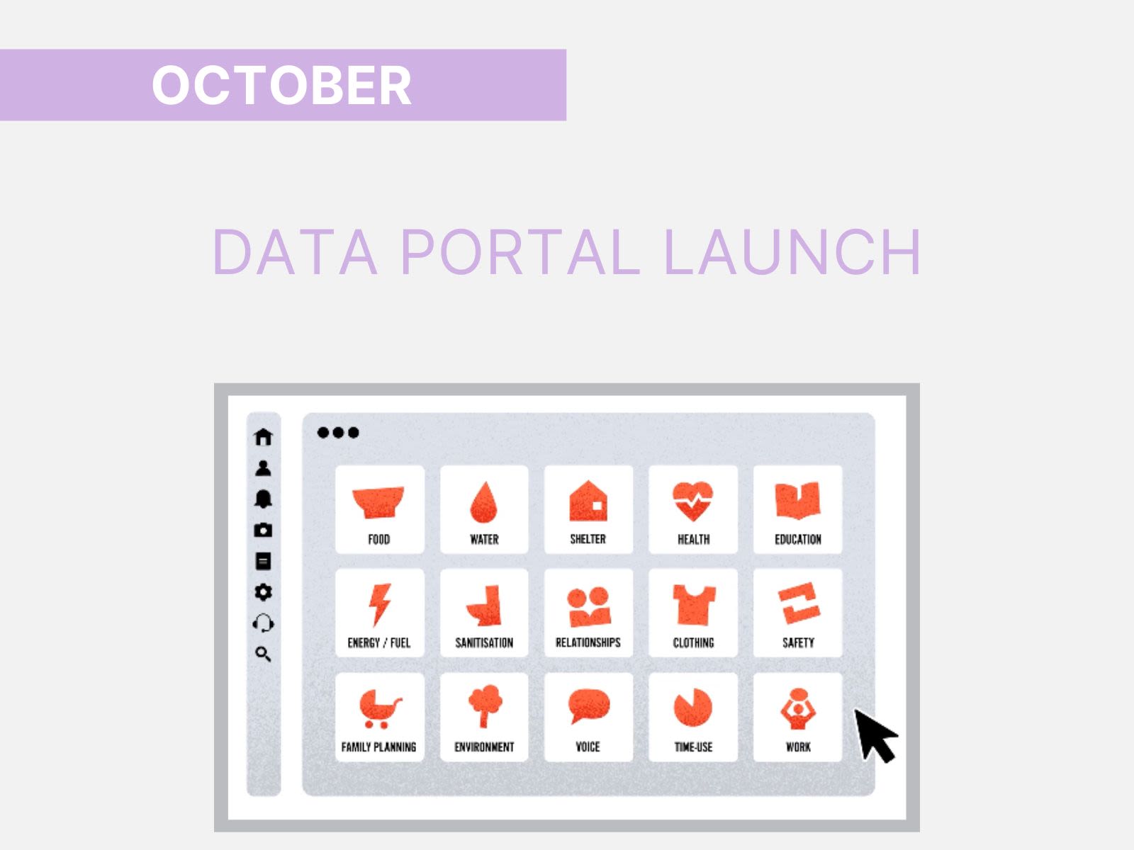 October: Data Portal launch. Features a cartoon image of the data portal at the bottom