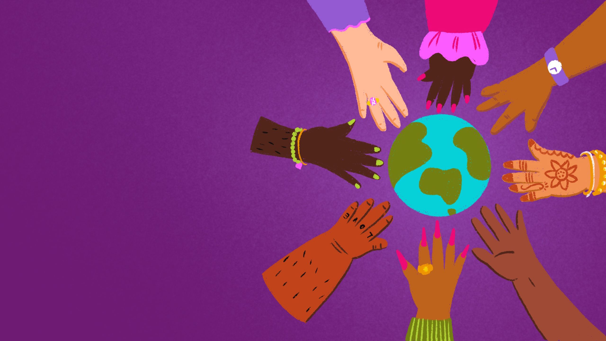A pink, green, blue and purple illustration of different hands out flat, positioned around the globe. 