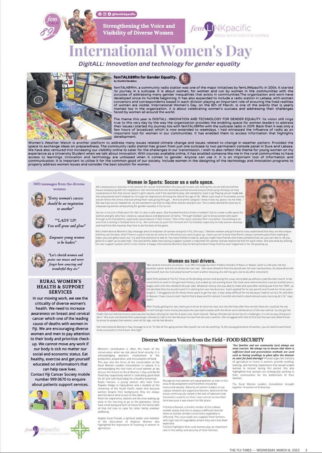An extract from the Fiji Times of femLINKPacific's special issue for International Women's Day