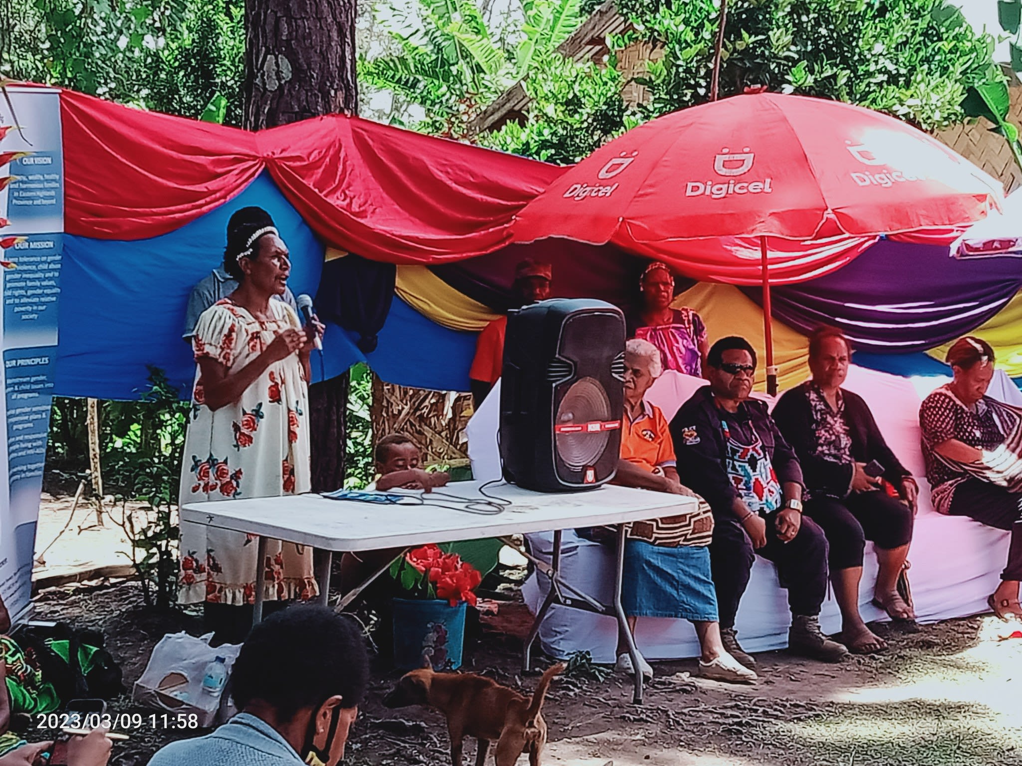 A woman speaking in front of a crowd at East Highlands Family Voice's event