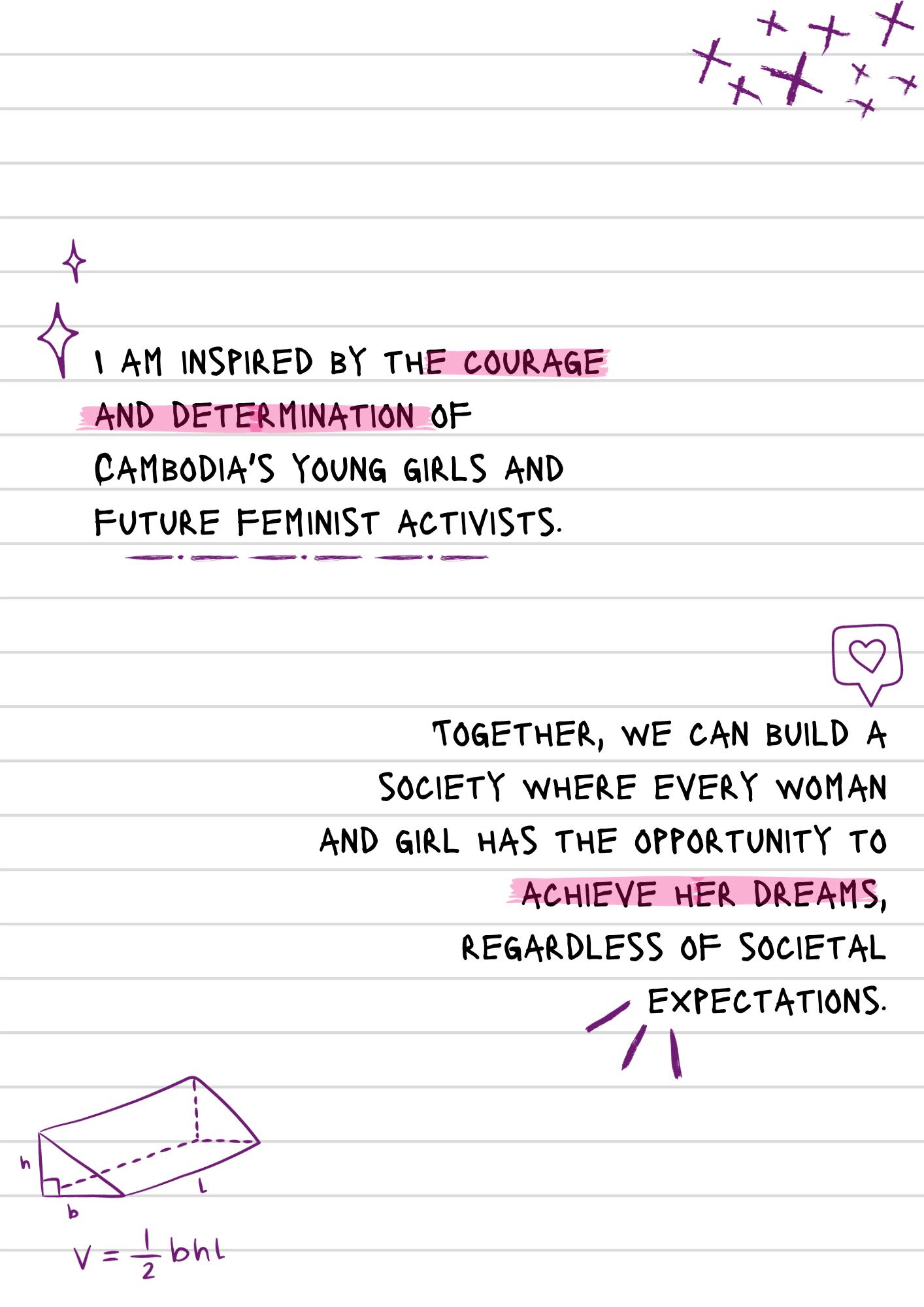 A page from a notebook covered in scribbles and a math equation. Some parts of the text are highlighted and underlined. The text reads, "I am inspired by the courage and determination of Cambodia's young girls and future feminist activists. Together, we can build a society where every woman and girl has the opportunity to achieve her dreams, regardless of societal expectations."