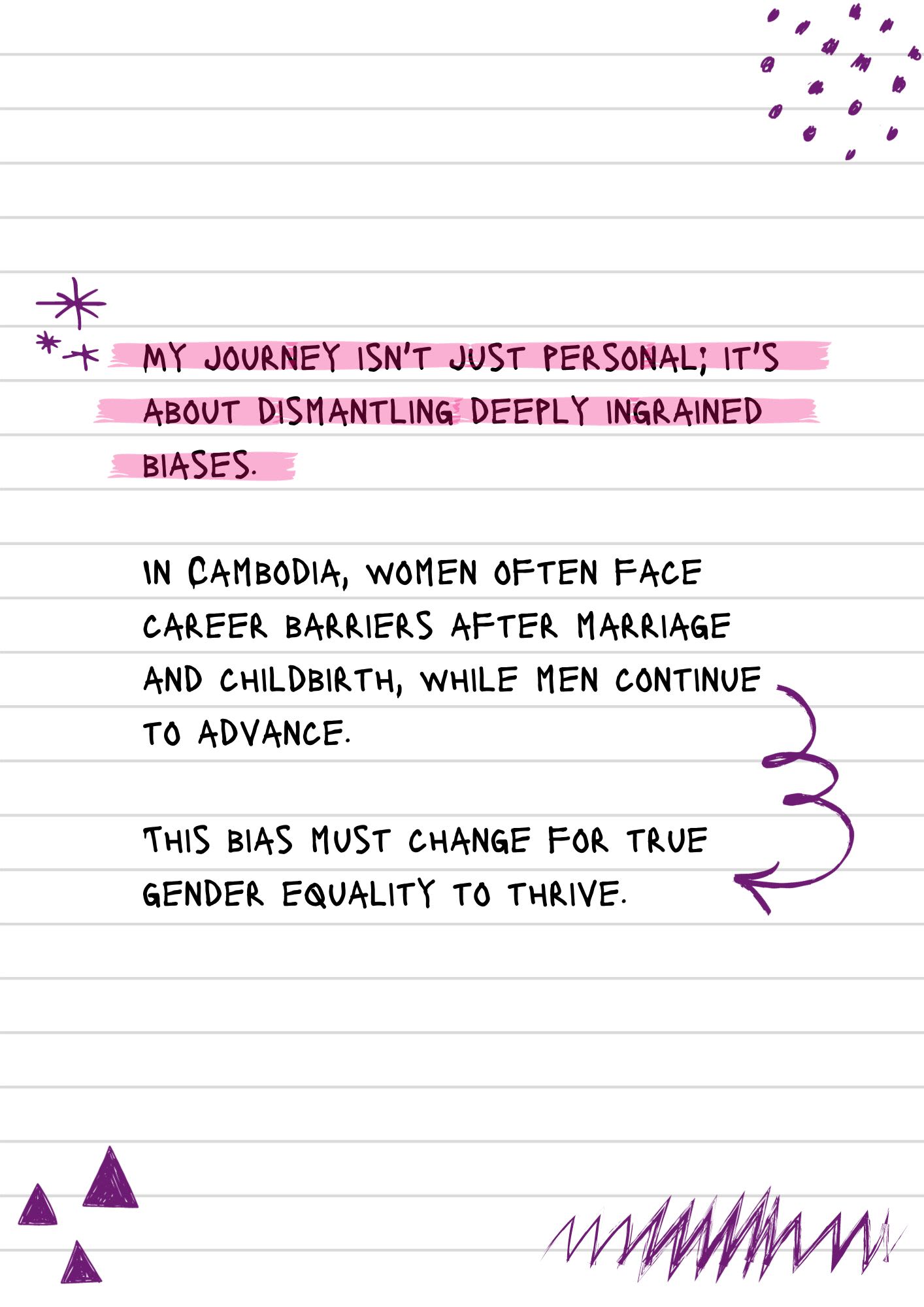 A page from a notebook with scribbled on drawings. The text reads, "My journey isn't just personal; it's about dismantling deeply ingrained biases. In Cambodia, women often face career barriers after marriage and childbirth, while men continue to advance. This bias must change for true gender equality to thrive."