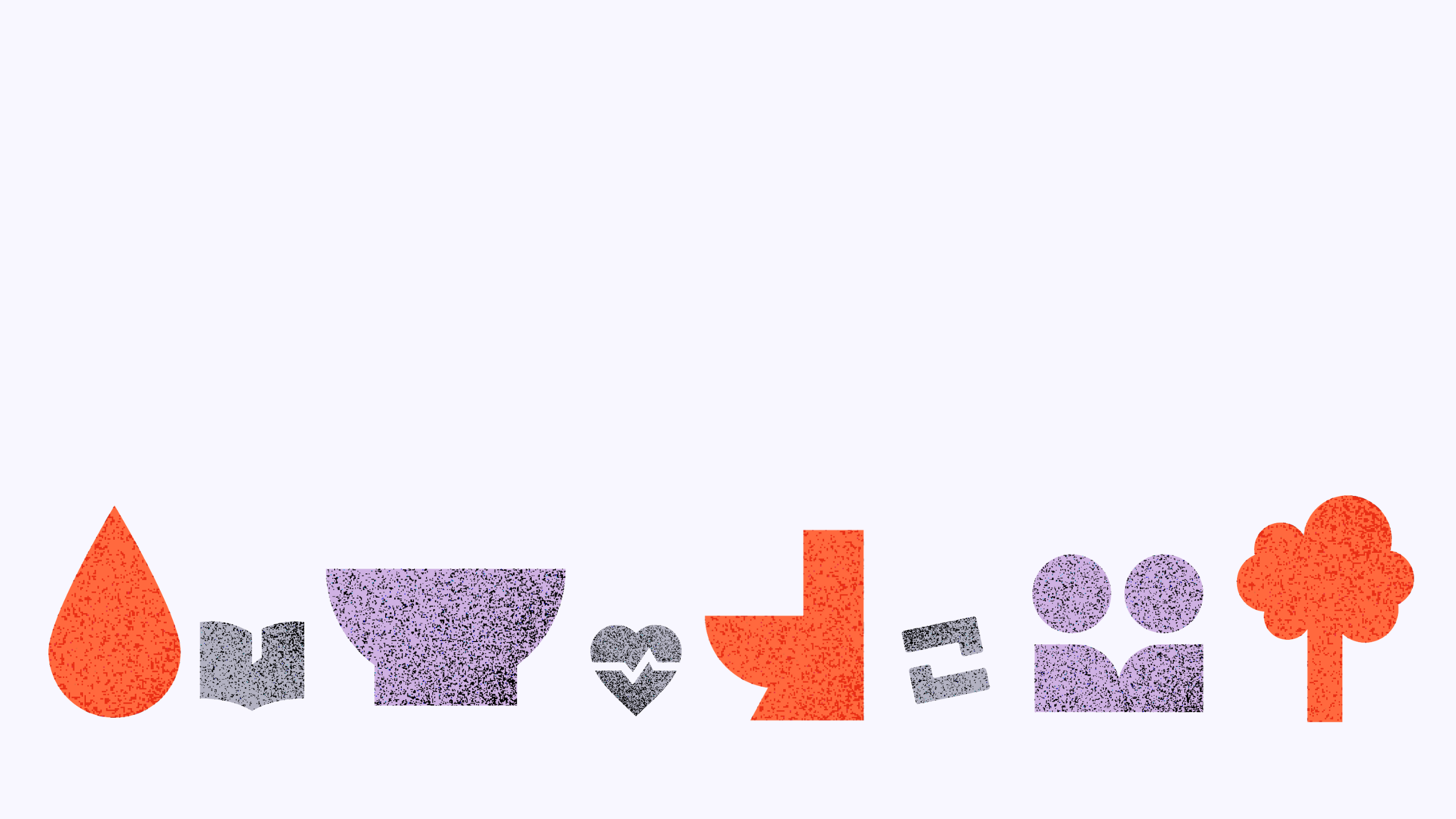 Orange, grey and purple icons to represent the 15 dimensions that Equality Insights measures including food, water, shelter, health, education, energy, sanitation, relationships, clothing, safety, family planning, environment, voice, time-use and work.